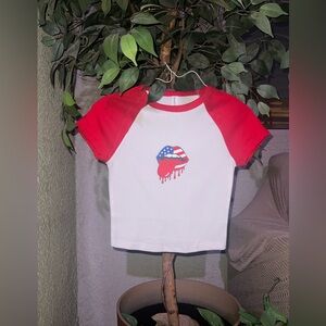 Red and White crop top T-Shirt with American lips, 4th of July